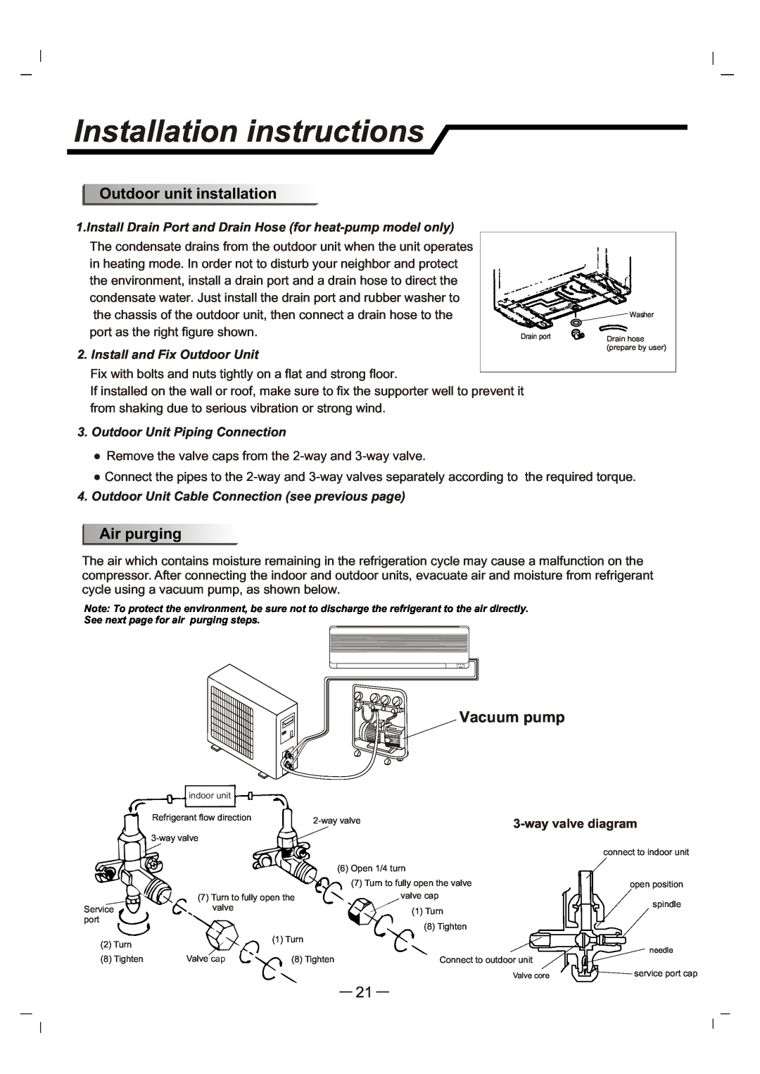 Whirlpool AS12 manual Outdoor unit installation, Air purging, Vacuum pump, Installation instructions 