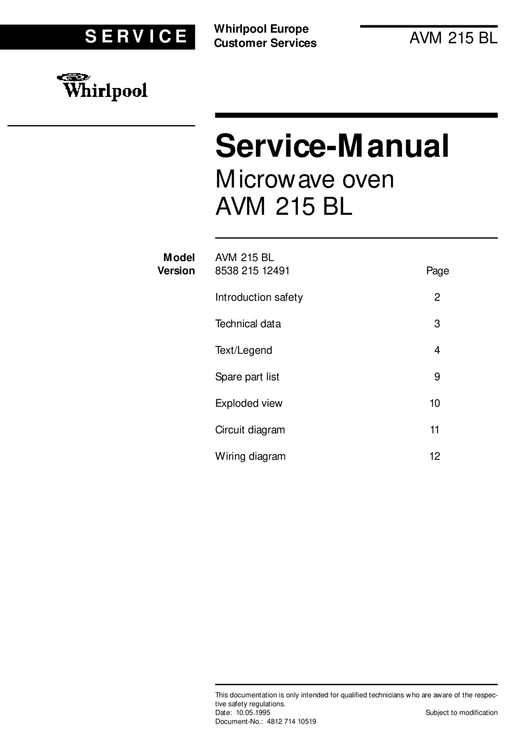 Whirlpool AVM 215 BL service manual Service-Manual, Model 