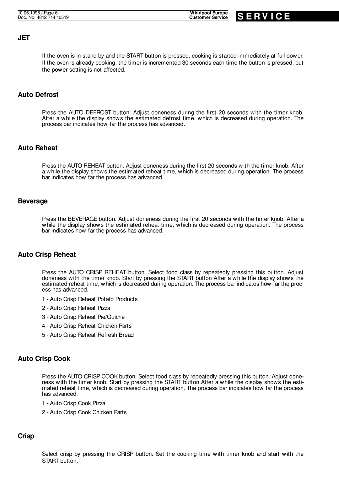 Whirlpool AVM 215 BL service manual Auto Defrost, Auto Reheat, Beverage, Auto Crisp Reheat, Auto Crisp Cook 