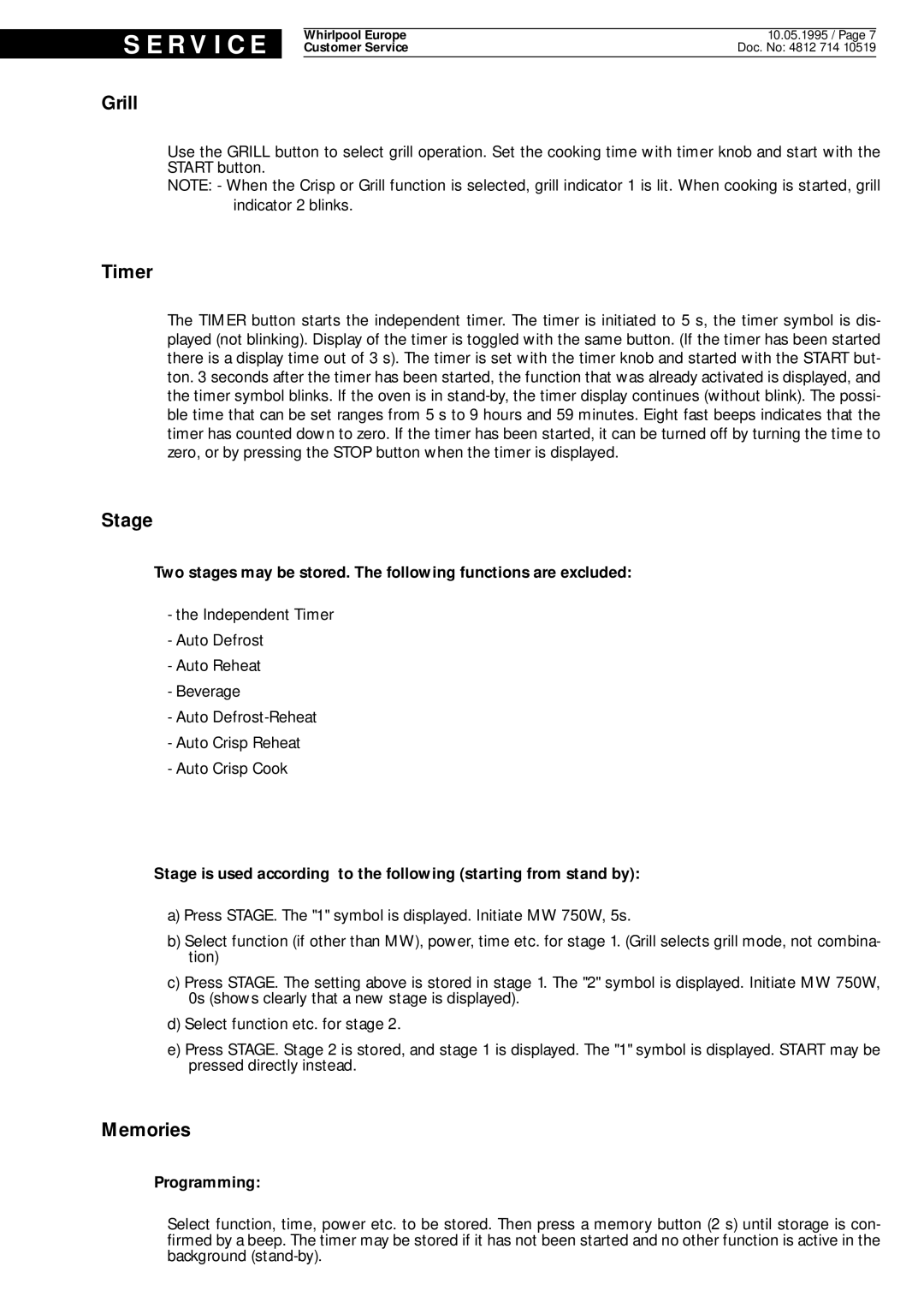 Whirlpool AVM 215 BL service manual Stage, Memories 