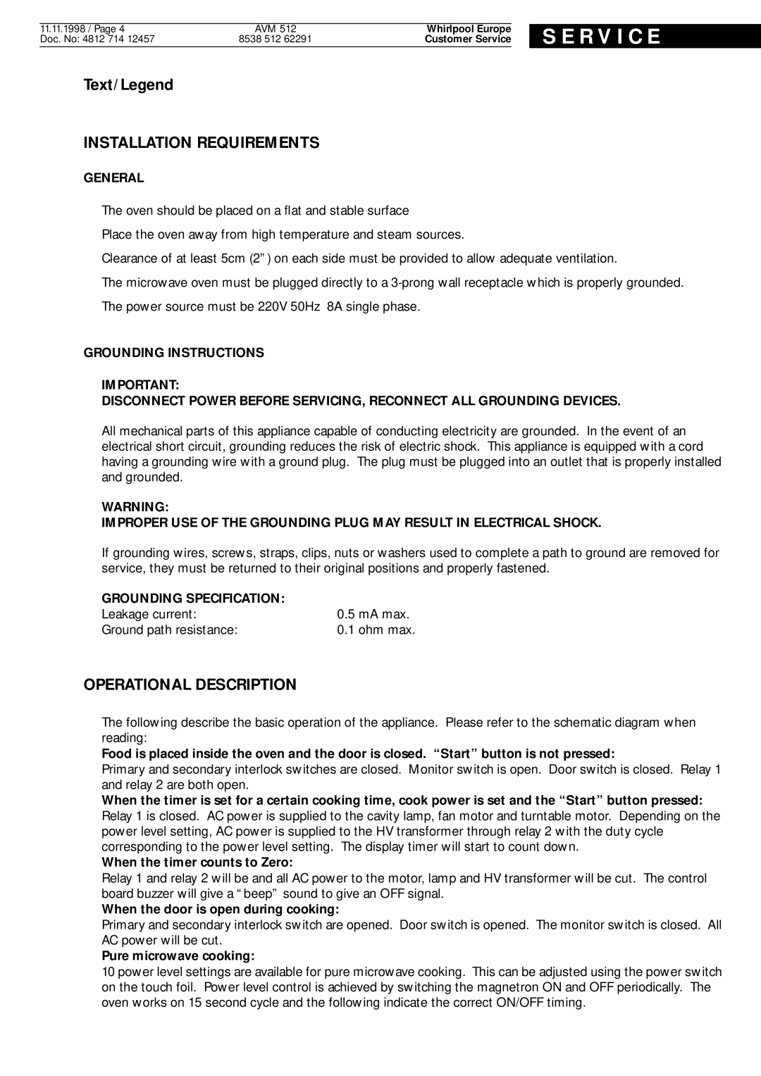 Whirlpool AVM 512 Text/Legend, Installation Requirements, Operational Description, General, Grounding Specification 