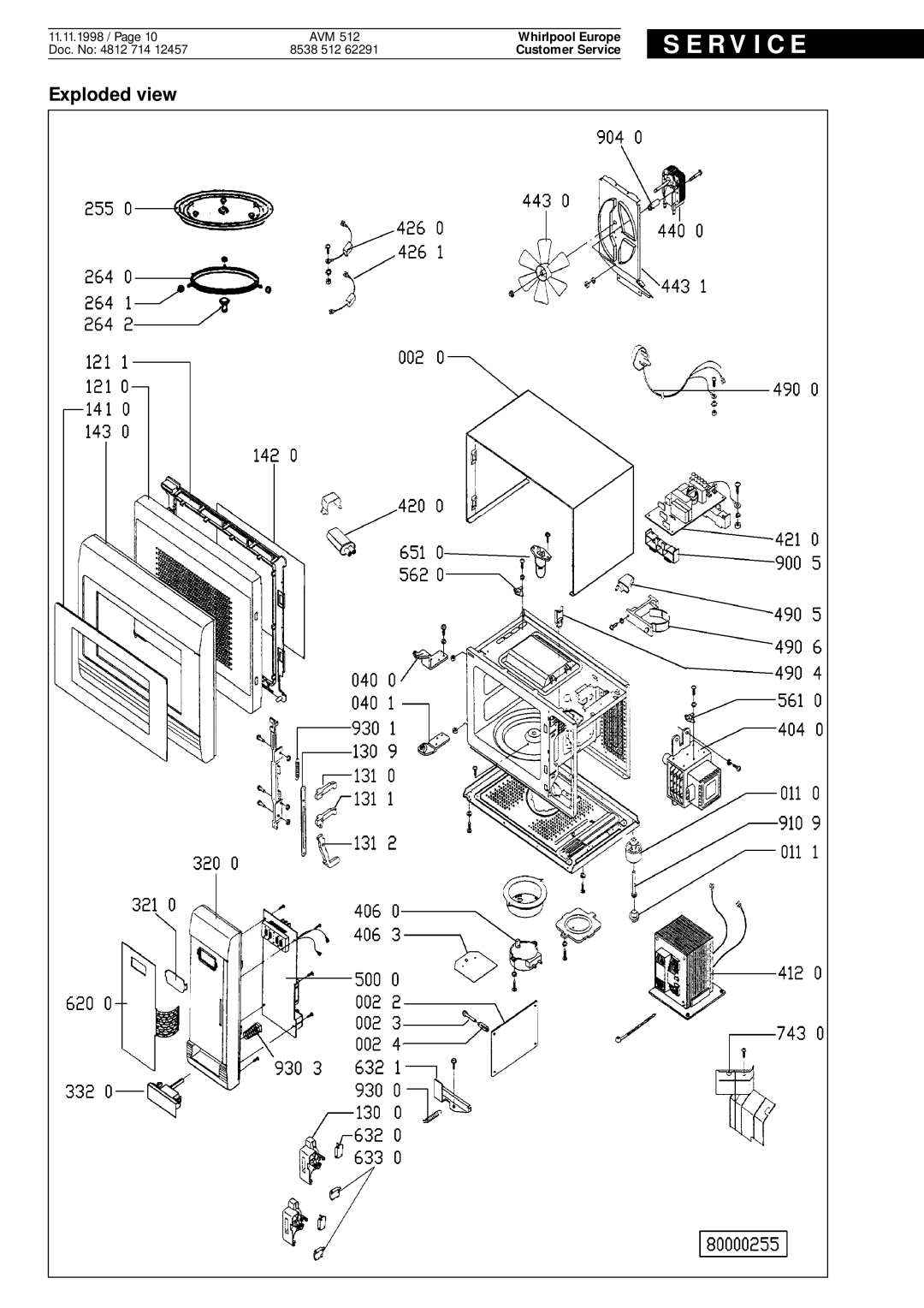 Whirlpool AVM 512 Exploded view, S E R V I C E, 11.11.1998 / Page, Doc. No 4812, 8538, Whirlpool Europe, Customer Service 