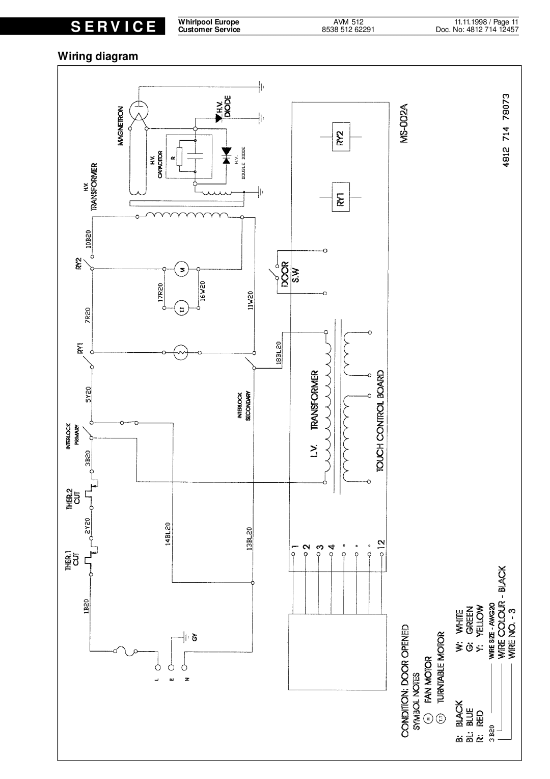 Whirlpool AVM 512 Wiring diagram, S E R V I C E, Whirlpool Europe, 11.11.1998 / Page, Customer Service, 8538 512 