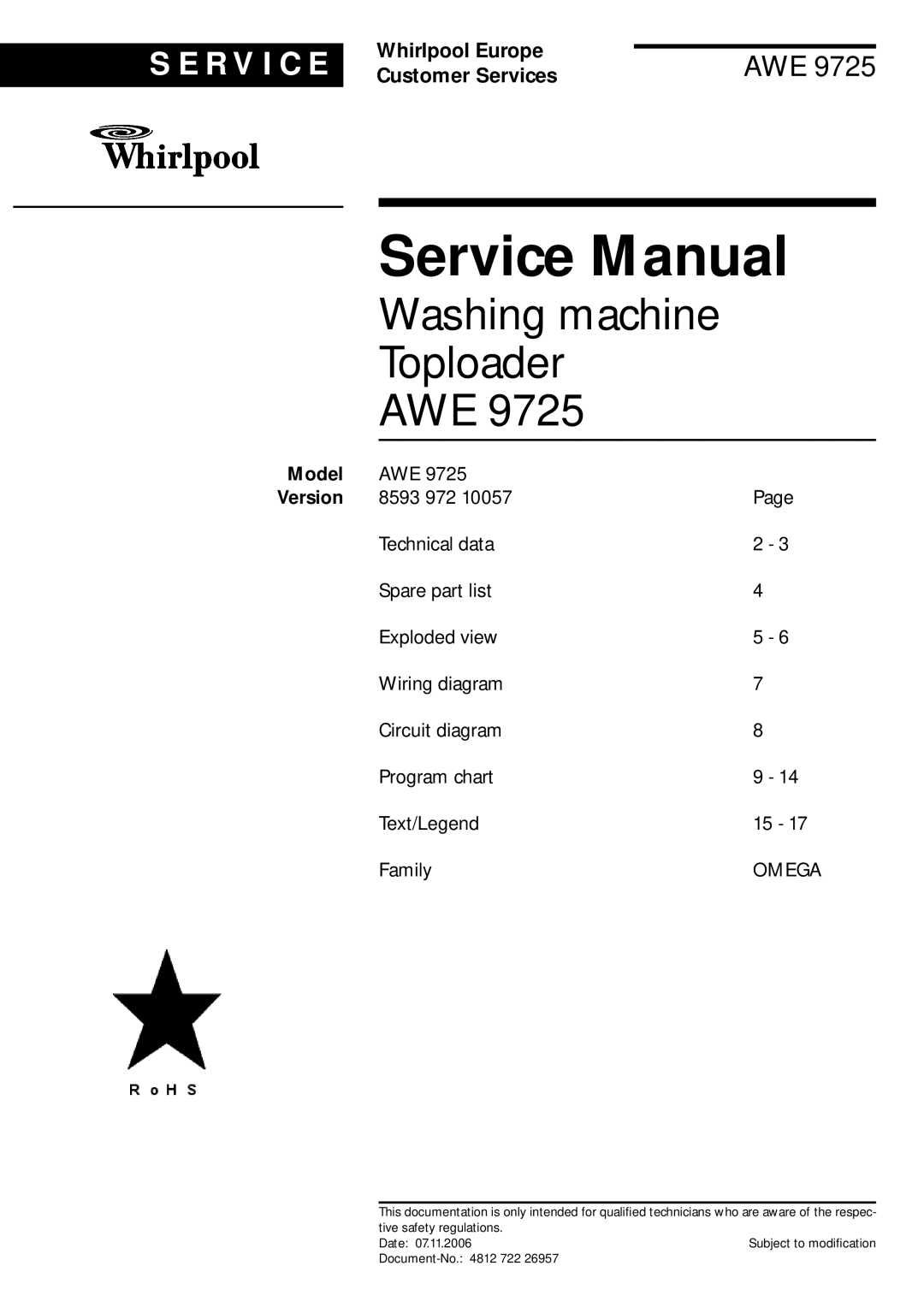 Whirlpool 9725 service manual Washing machine Toploader AWE, Model 