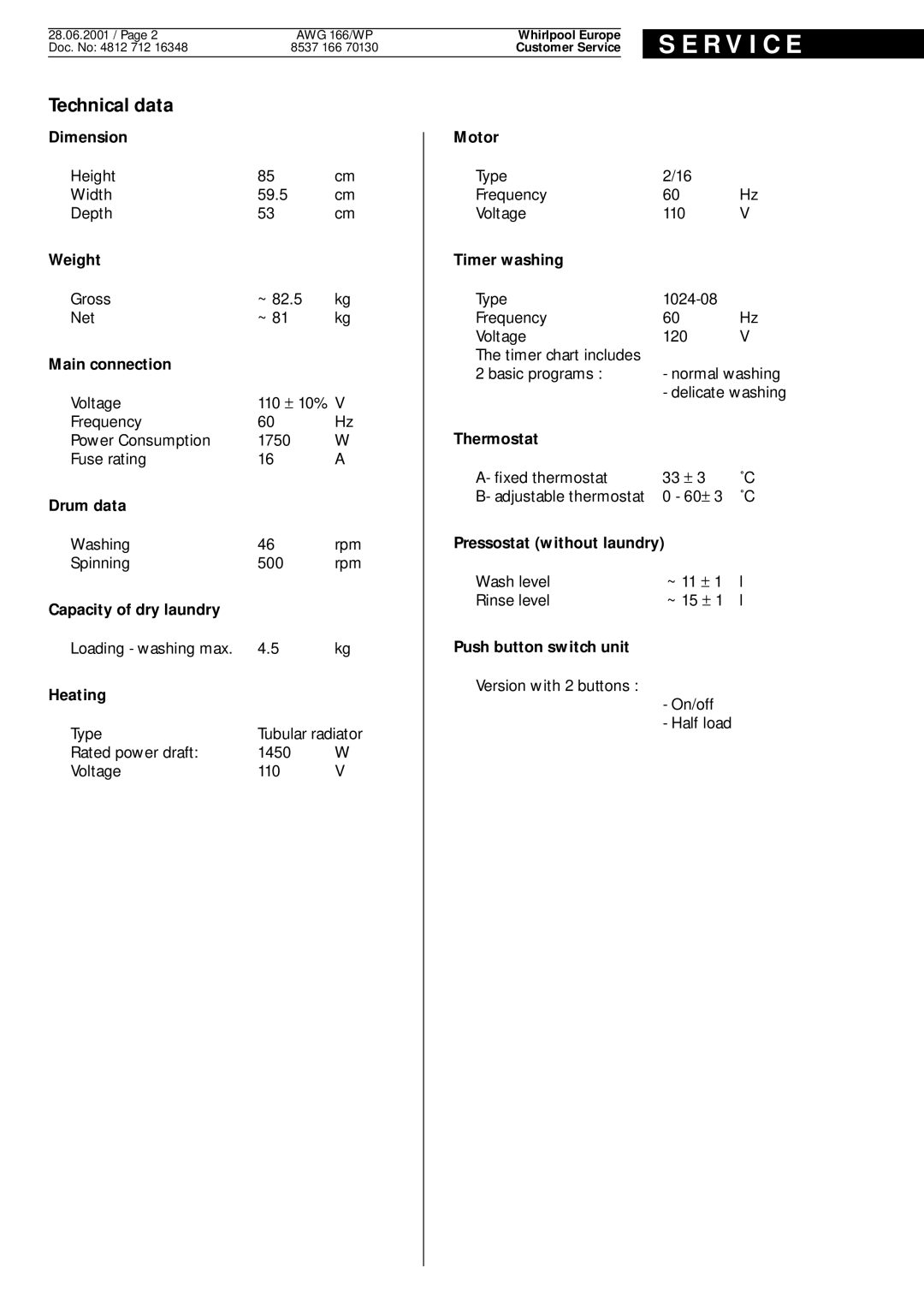 Whirlpool AWG 166 wp service manual R V I C E, Technical data 