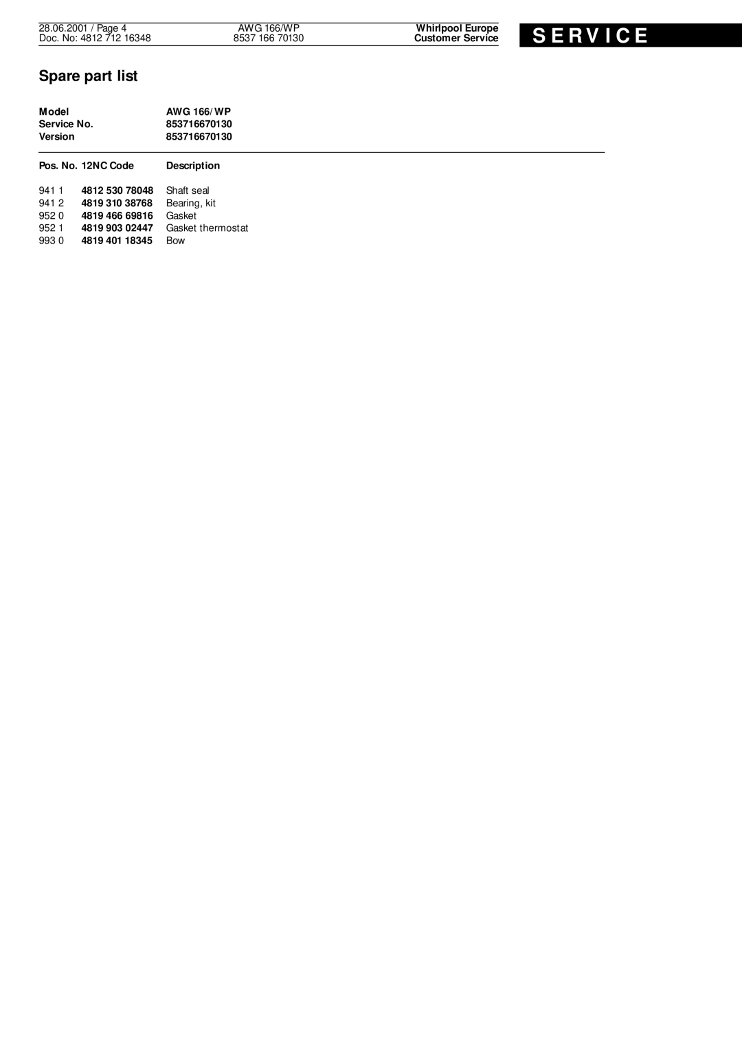 Whirlpool AWG 166 wp service manual 4812 530 