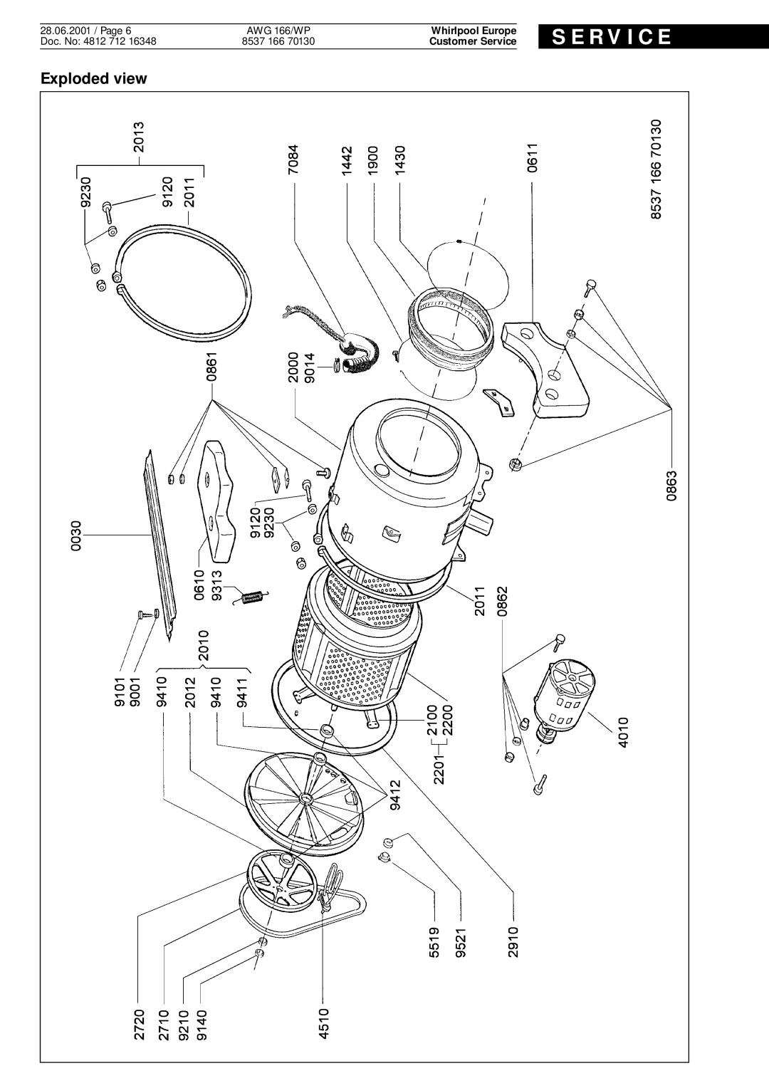 Whirlpool AWG 166 wp service manual S E R V I C E, Exploded view, Whirlpool Europe, Customer Service 