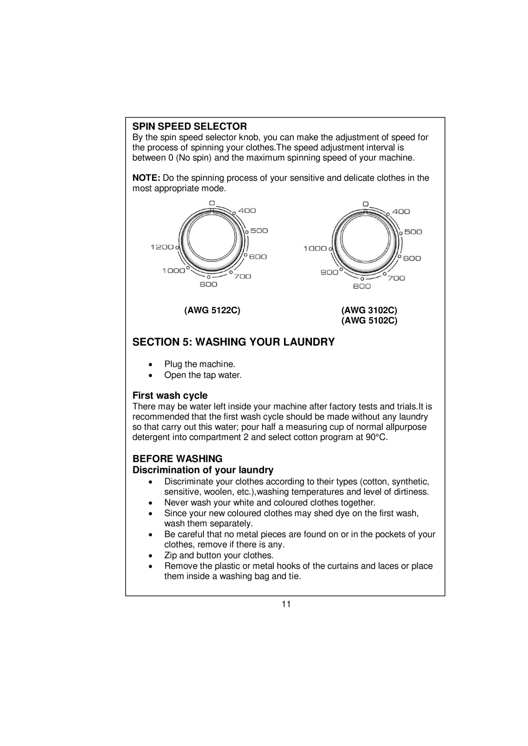 Whirlpool AWG 3102C/ AWG 5102C/ AWG 5122C user manual Washing Your Laundry, Spin Speed Selector, Before Washing 