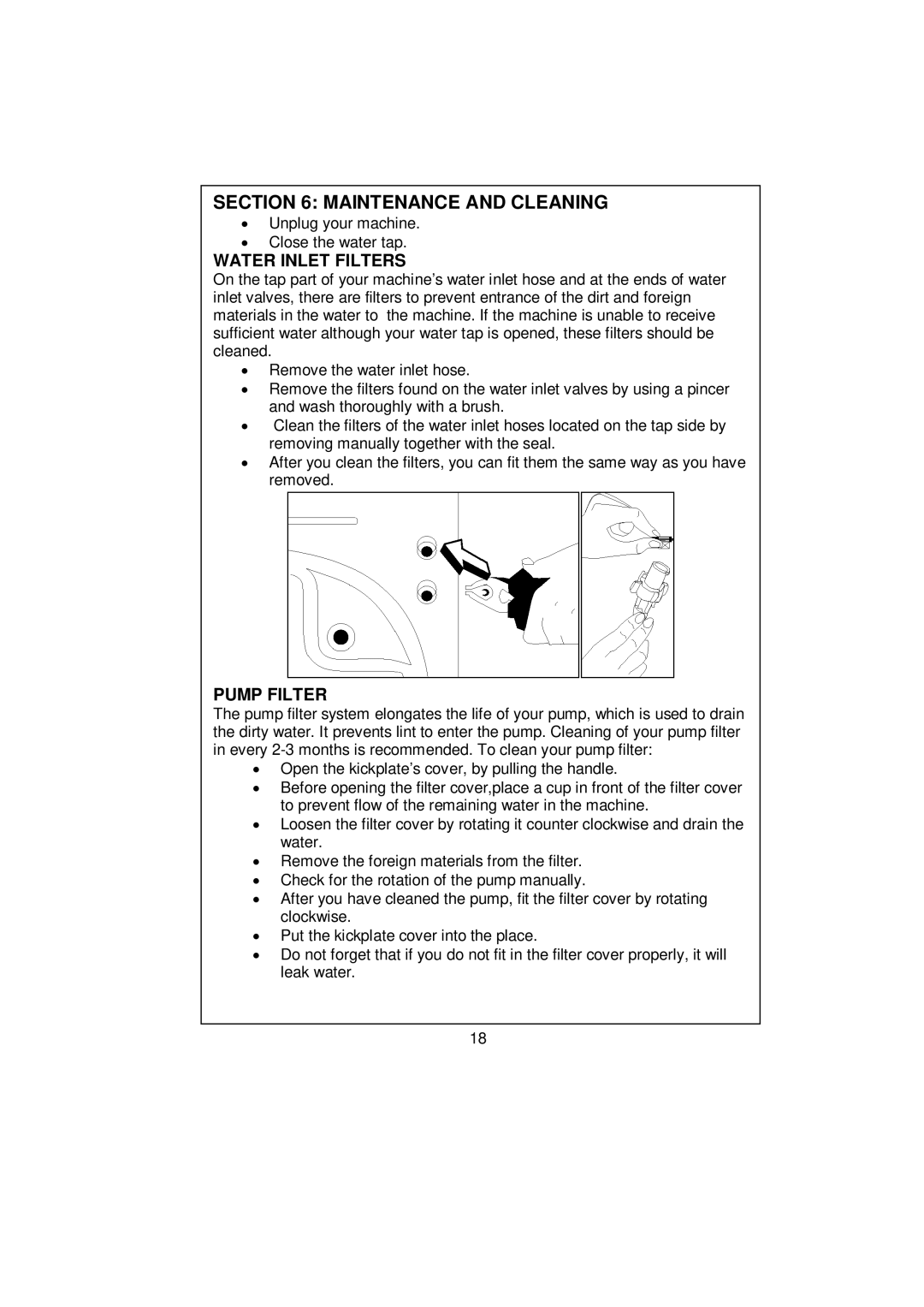 Whirlpool AWG 3102C/ AWG 5102C/ AWG 5122C user manual Maintenance and Cleaning, Water Inlet Filters, Pump Filter 