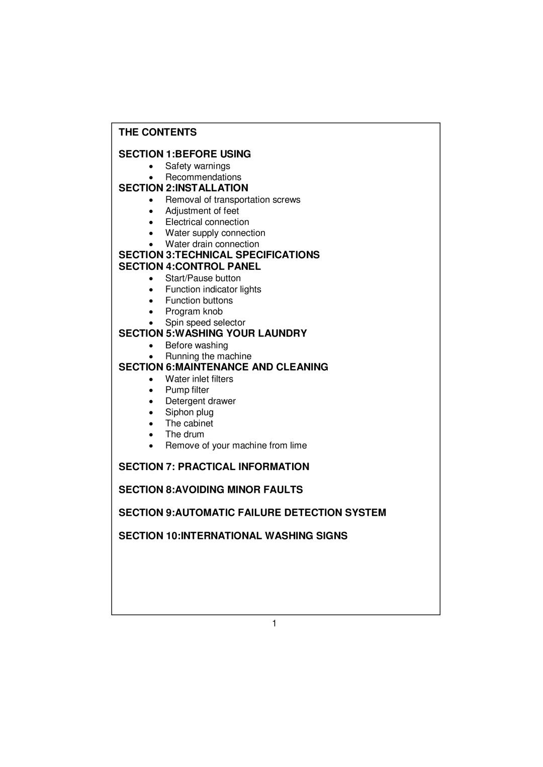 Whirlpool AWG 3102C/ AWG 5102C/ AWG 5122C Contents Before Using, Installation, Technical Specifications Control Panel 