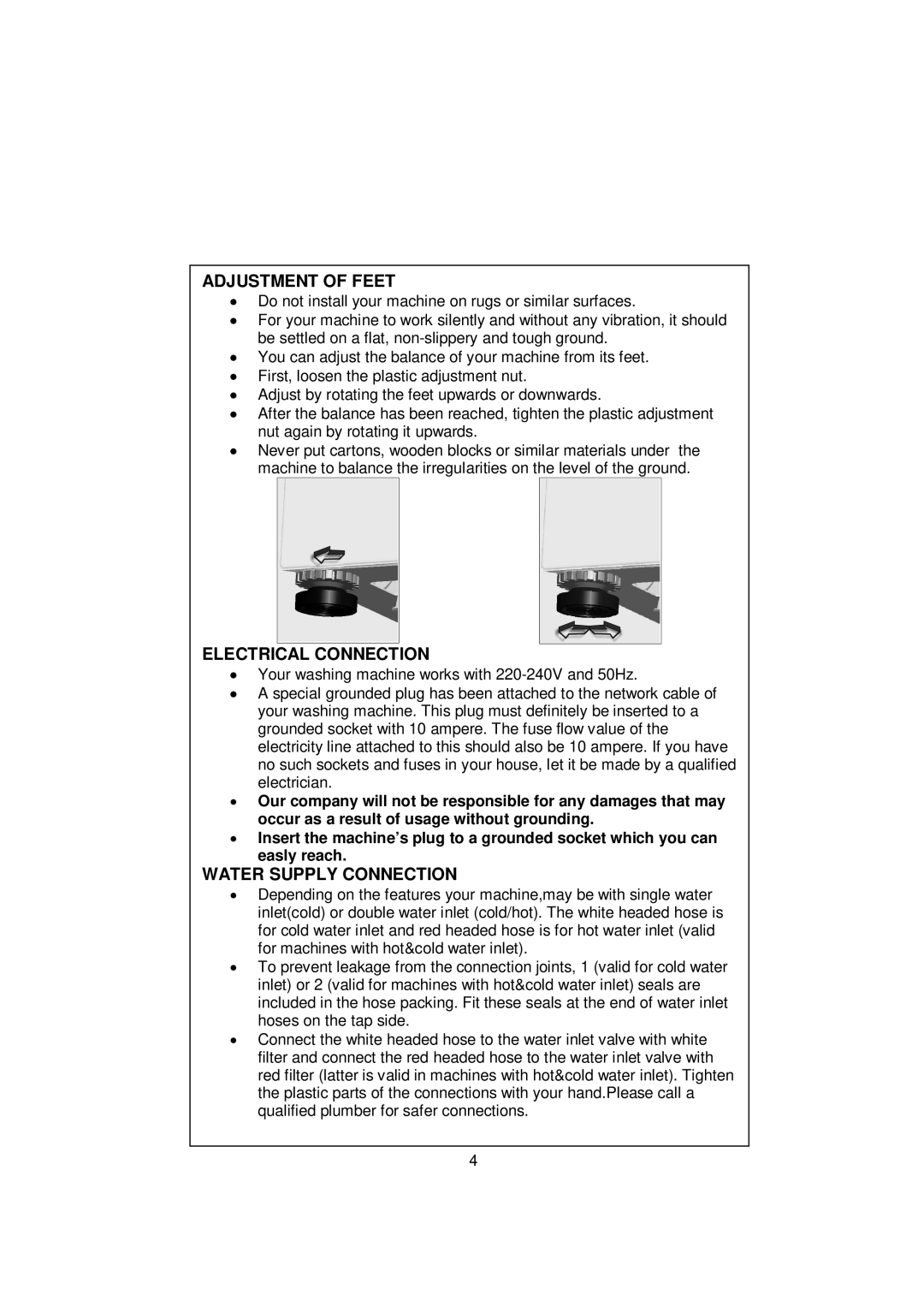 Whirlpool AWG 3102C/ AWG 5102C/ AWG 5122C user manual Adjustment of Feet, Electrical Connection, Water Supply Connection 