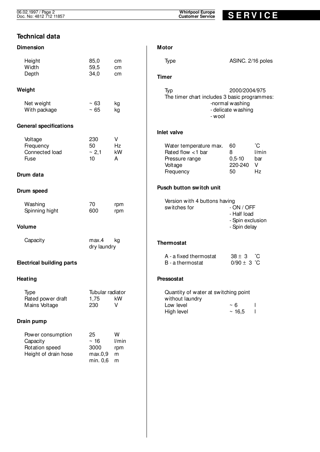 Whirlpool AWG, 324 service manual R V I C E, Technical data 