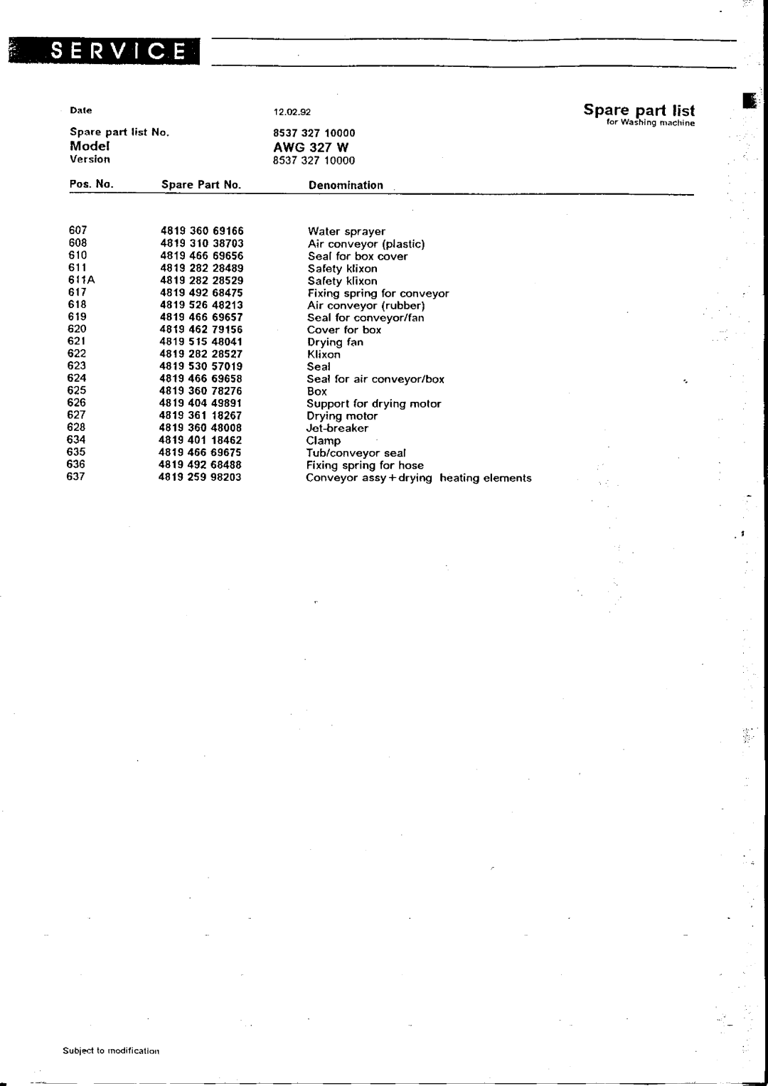 Whirlpool service manual Date 12.02.92 Spare Part list, Model AWG 327 W 