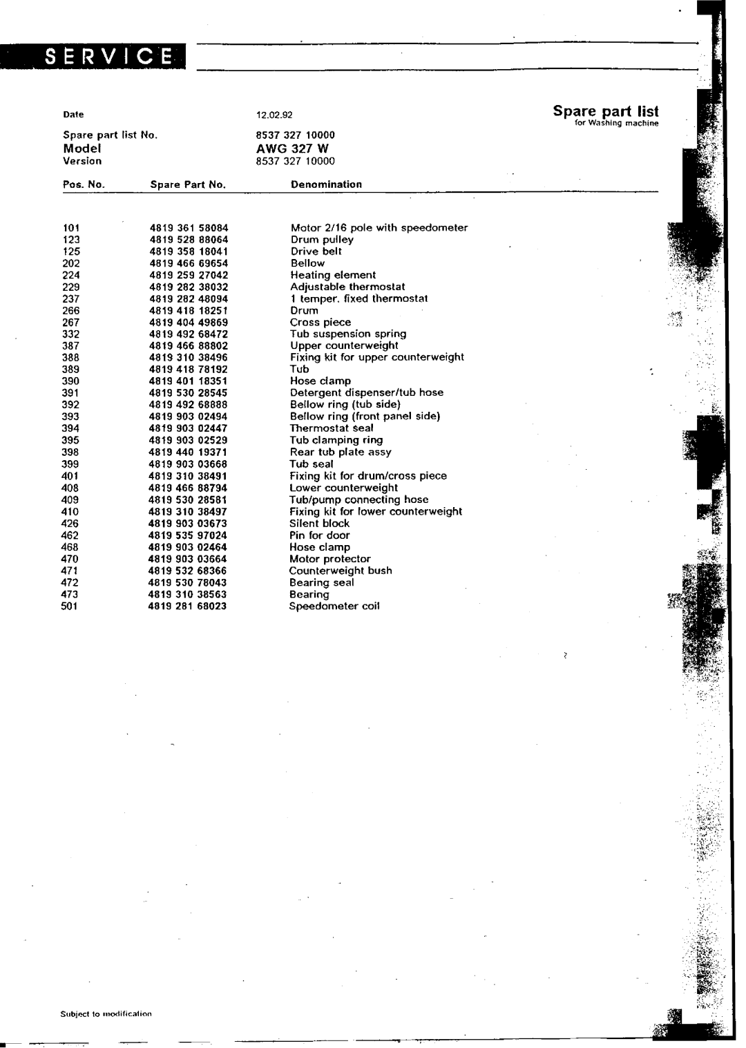 Whirlpool AWG 327 W service manual ~ I ~~, ~%~ 