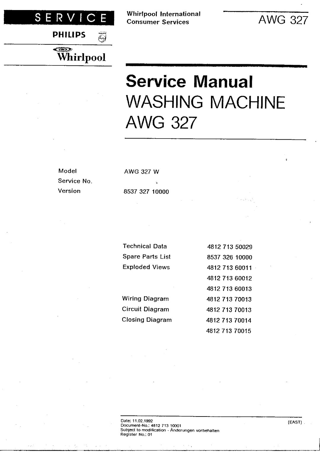 Whirlpool AWG 327 W service manual Whirlpool Service~-~Manual, Was Hing, Machine, PH I LI PS ~~l, A Wg 