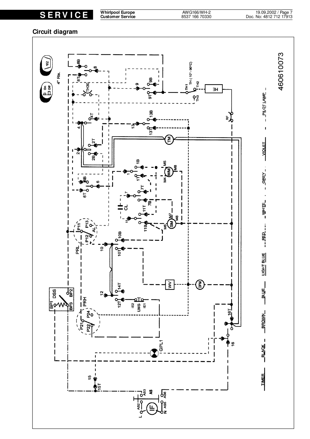 Whirlpool AWG166 WH-2 service manual Circuit diagram, S E R V I C E, AWG166/WH-2 