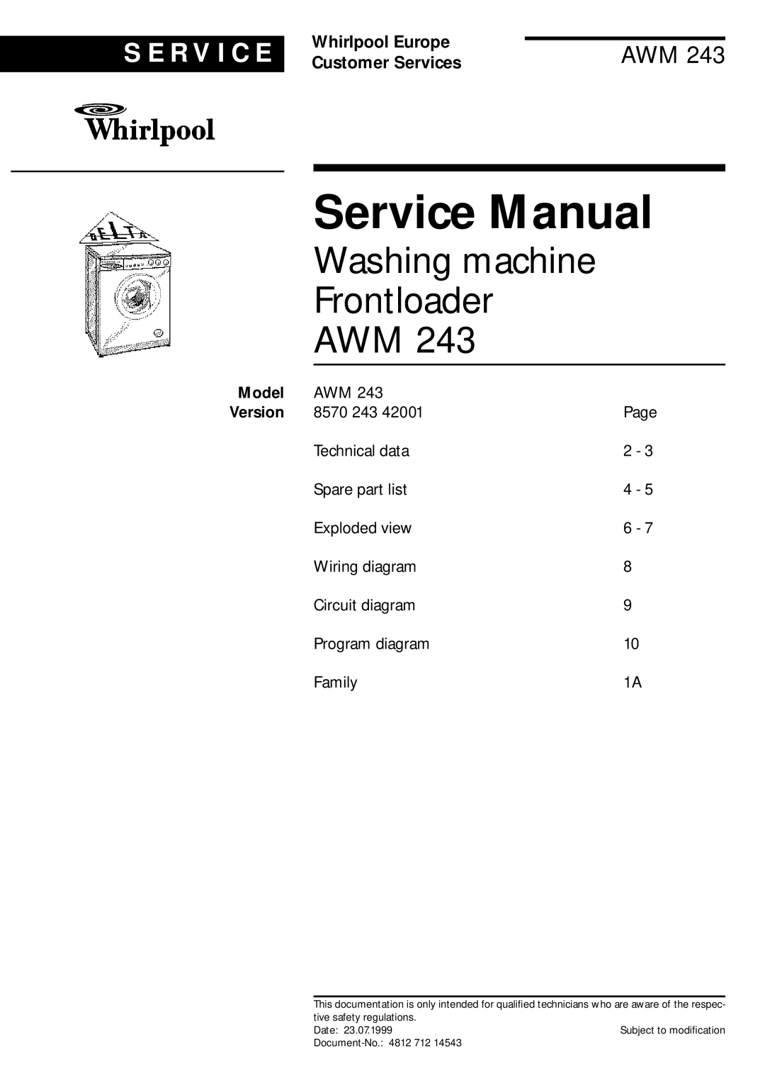 Whirlpool AMW, AWM 243 service manual Washing machine Frontloader AWM, Model 