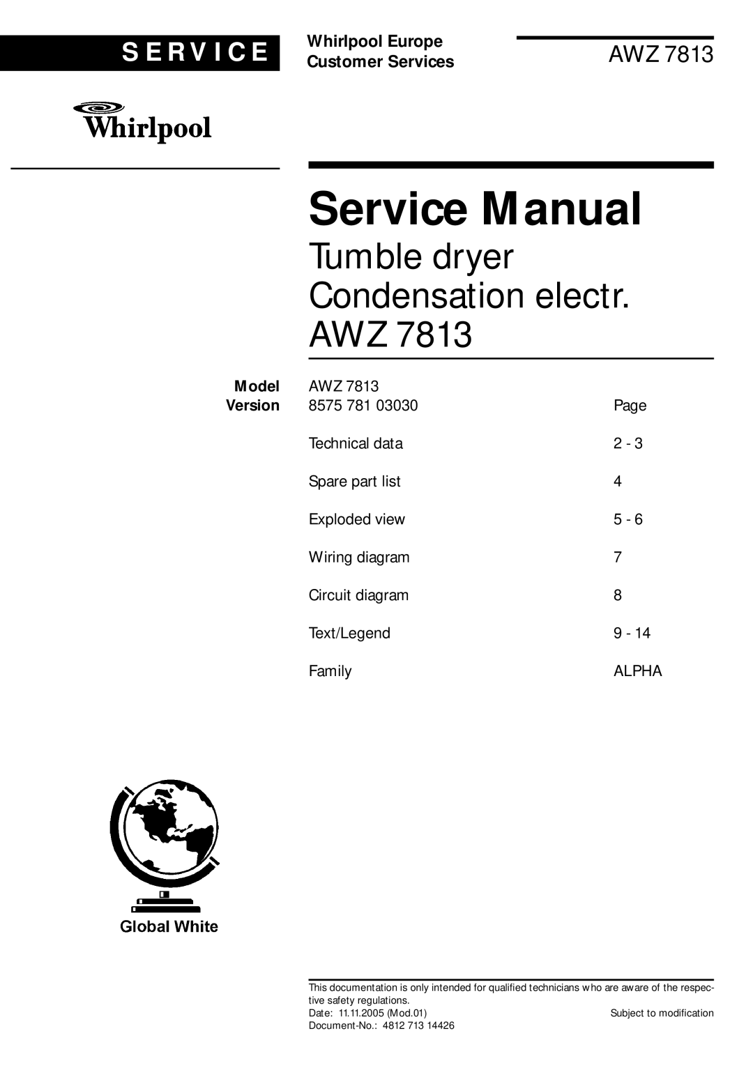 Whirlpool AWZ-7813 service manual Tumble dryer Condensation electr AWZ, Model 