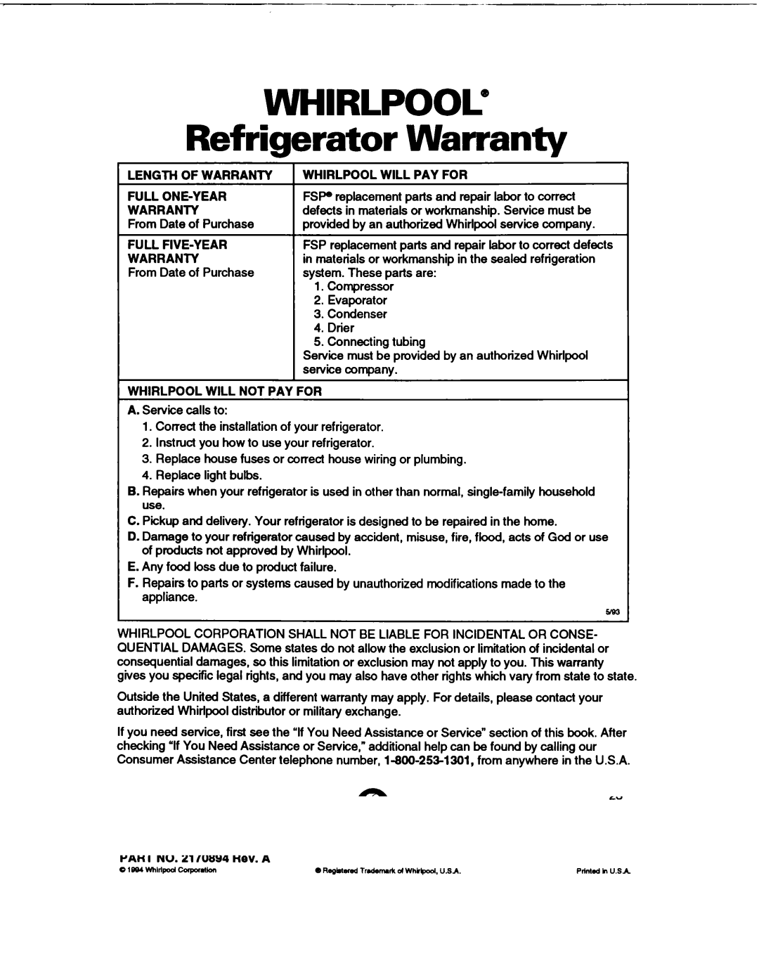 Whirlpool B2lDK important safety instructions Refrigerator Warranty 