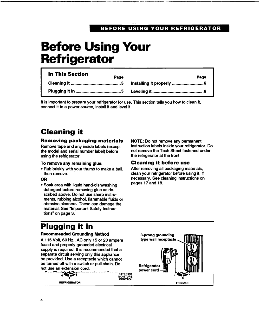 Whirlpool B2lDK Before Using Your Refrigerator, Plugging it, This Section, Removing packaging materials 