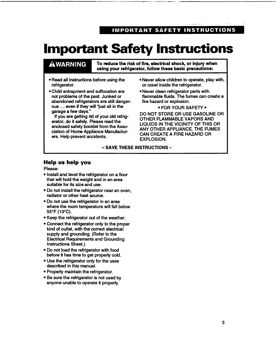 Whirlpool B2lDK important safety instructions Important Safety Instructions, Help us help you, Save These Instructions 