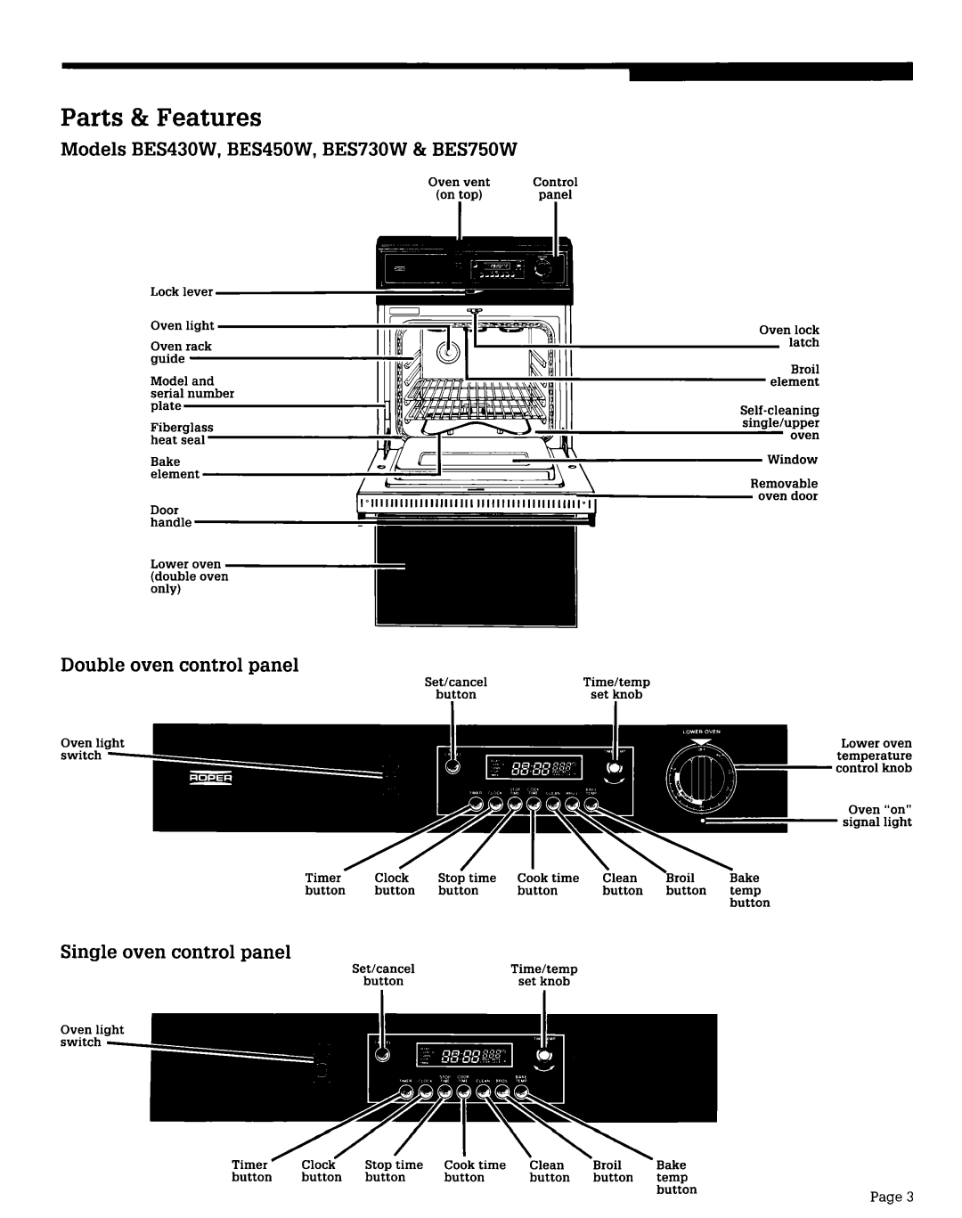 Whirlpool warranty Parts & Features, Ontop panel, Models BES430W, BES450W, BES730W & BES750W, Double oven control panel 