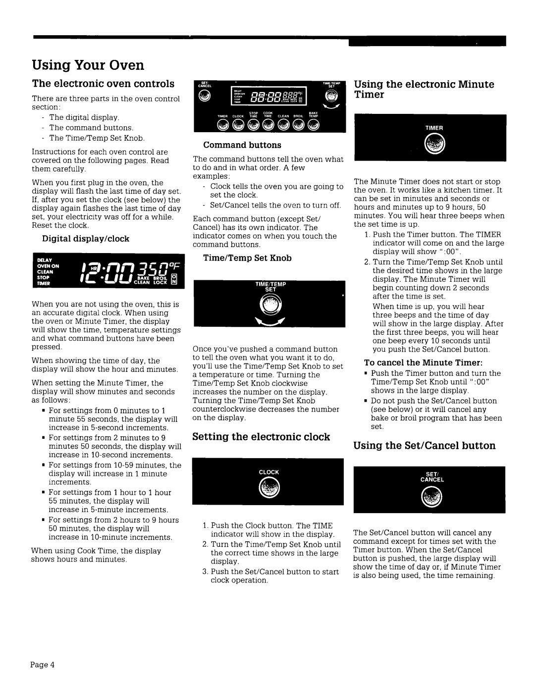 Whirlpool BES450W Using Your Oven, Electronic oven controls, Setting the electronic clock, Using the Set/Cancel button 