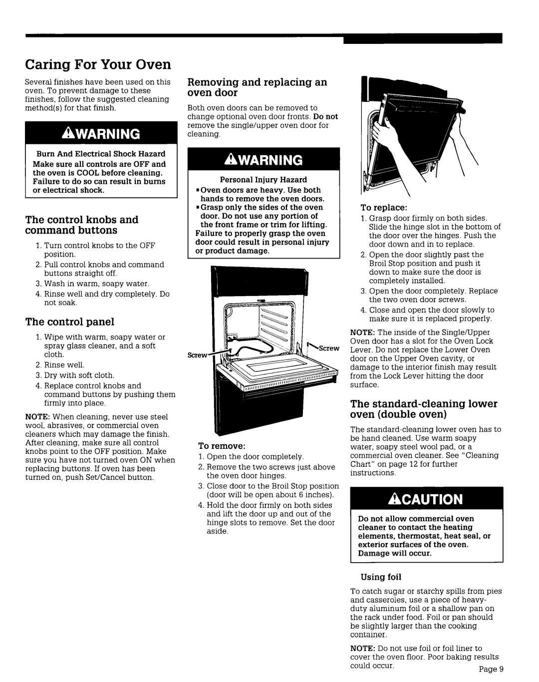 Whirlpool BES750W, BES450W Caring For Your Oven, Removing and replacing an oven door, Control knobs and command buttons 