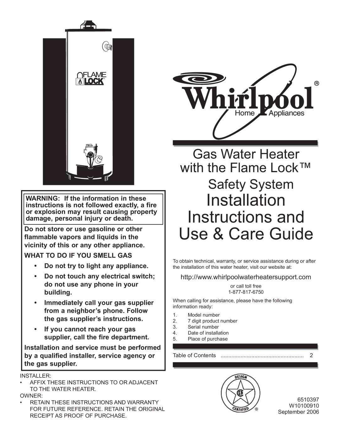 Whirlpool BFG1H4040S3NOV, BFG1F5050T4NOV, BFG2F4040S3PV ES, 4220, 216071 warranty Installation Instructions Use & Care Guide 