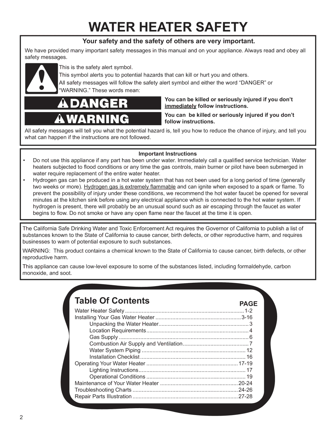 Whirlpool BFG2F4040S3PV ES, BFG1F5050T4NOV, BFG1H4040S3NOV, BFG1H5040T3NOV 5K, 4220 Water Heater Safety, Table Of Contents 