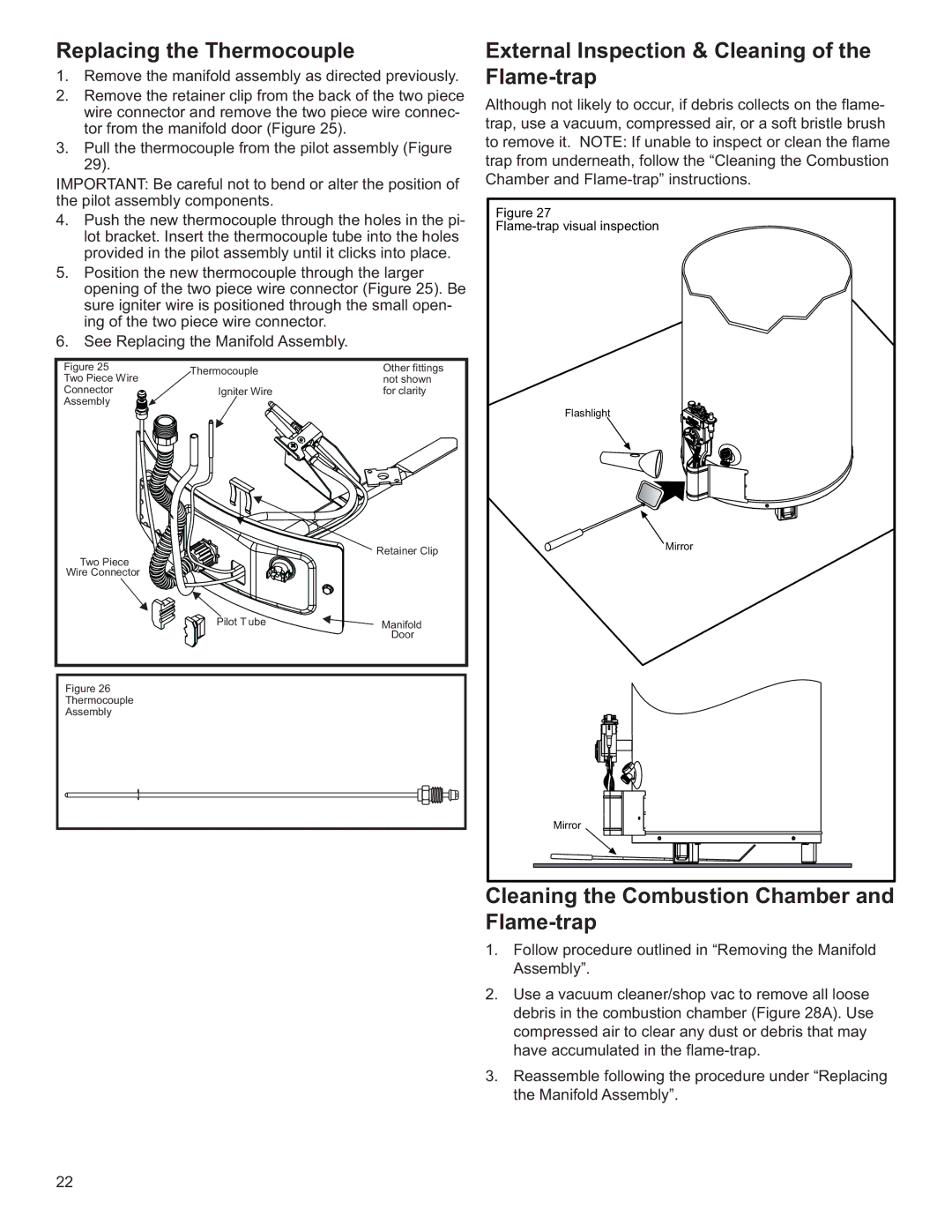 Whirlpool BFG1F4034T3NOV 5K, BFG1F5050T4NOV Replacing the Thermocouple, External Inspection & Cleaning of the Flame-trap 