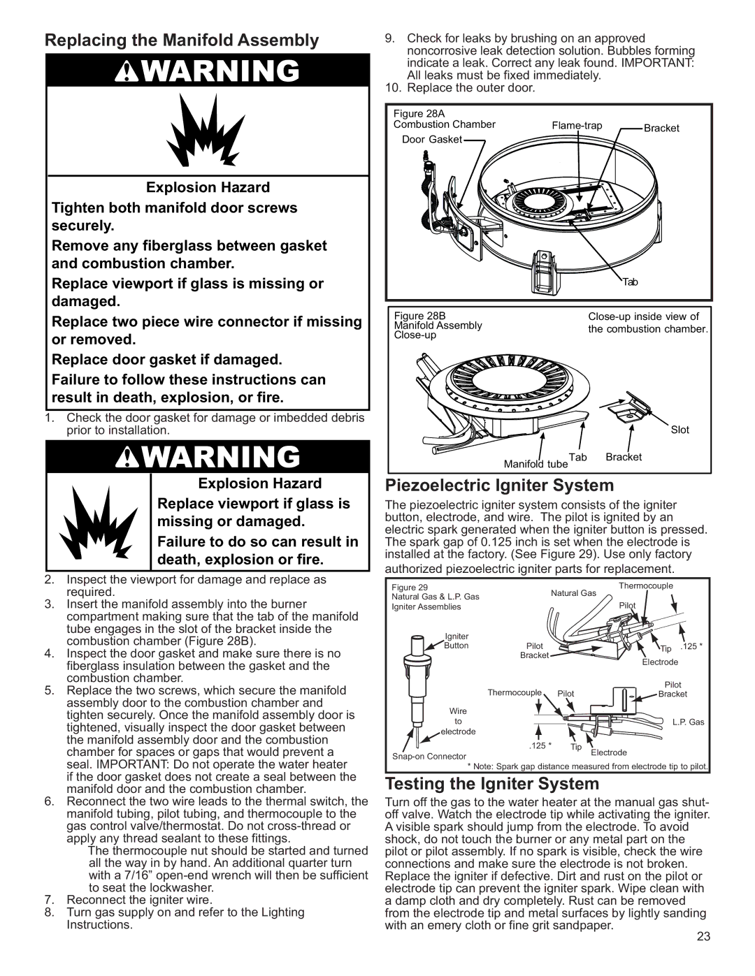 Whirlpool BFG1F4040T3NOV, 4220 Replacing the Manifold Assembly, Piezoelectric Igniter System, Testing the Igniter System 