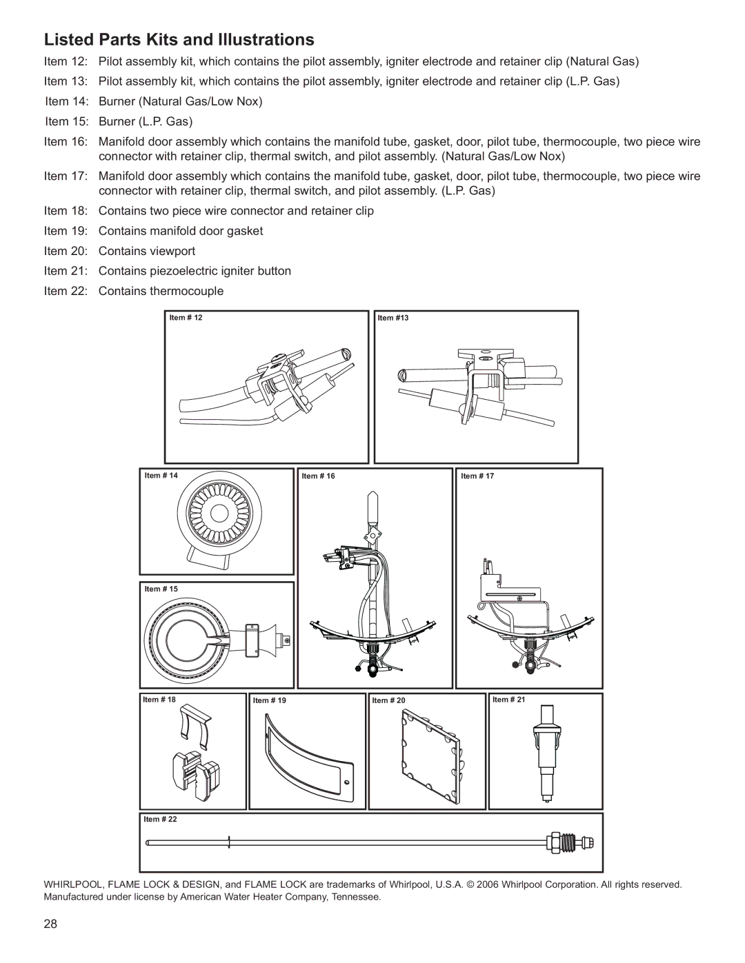 Whirlpool BFG1F3030S3NOV, BFG1F5050T4NOV, BFG1H4040S3NOV, BFG2F4040S3PV ES, BFG1F5040T3PV Listed Parts Kits and Illustrations 