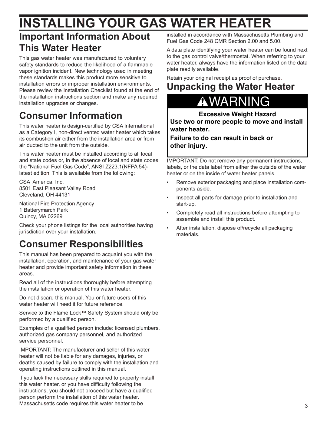 Whirlpool BFG1H5040T3NOV 5K, BFG1F5040T3PV Installing Your GAS Water Heater, Important Information About This Water Heater 