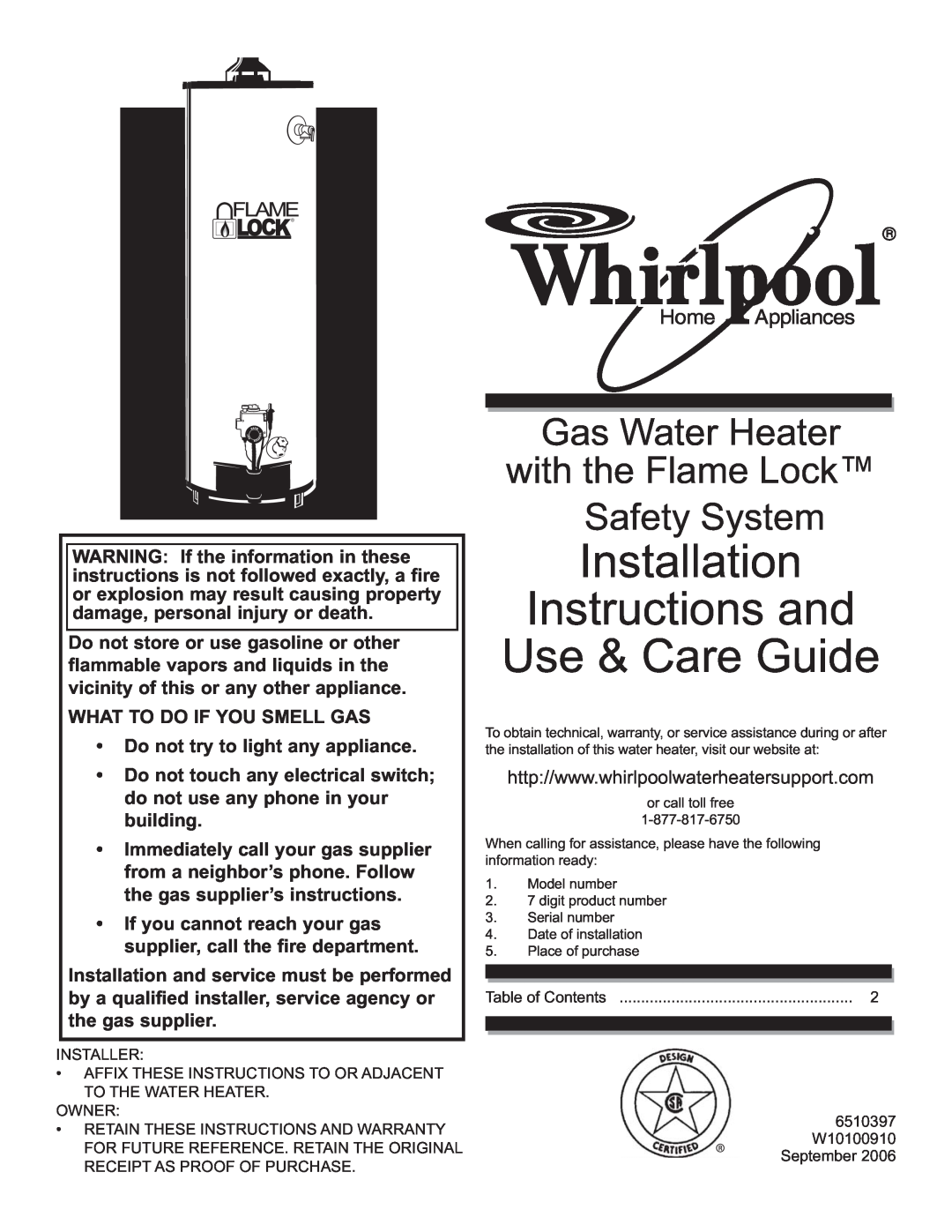 Whirlpool BFG1H4040S3NOV, BFG1F5050T4NOV, 4220 warranty Installation Instructions and Use & Care Guide, Gas Water Heater 