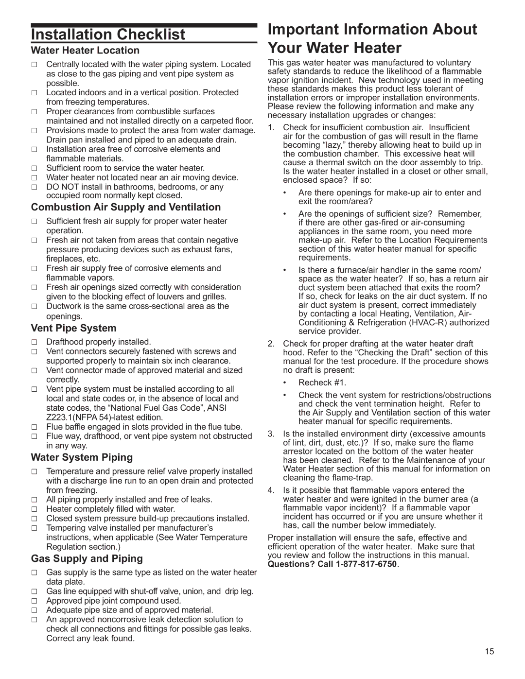 Whirlpool BFG1J5040T3NOV 5K, 6510374, W10100870, 89263 Installation Checklist, Important Information About Your Water Heater 