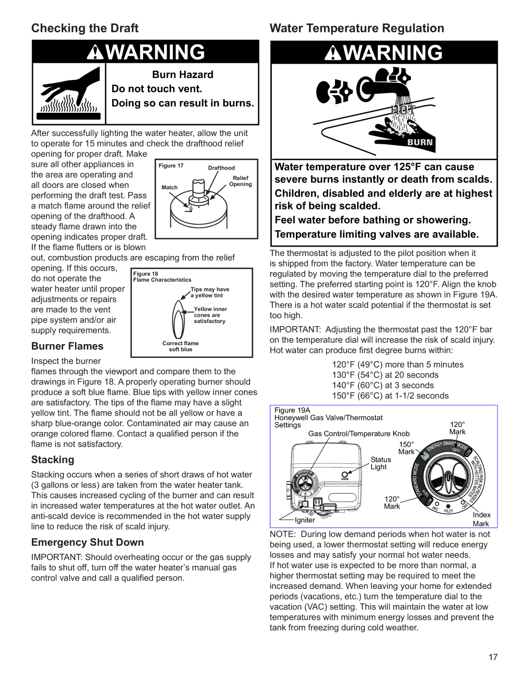 Whirlpool W10100870, 89263 Checking the Draft, Water Temperature Regulation, Burner Flames, Stacking, Emergency Shut Down 