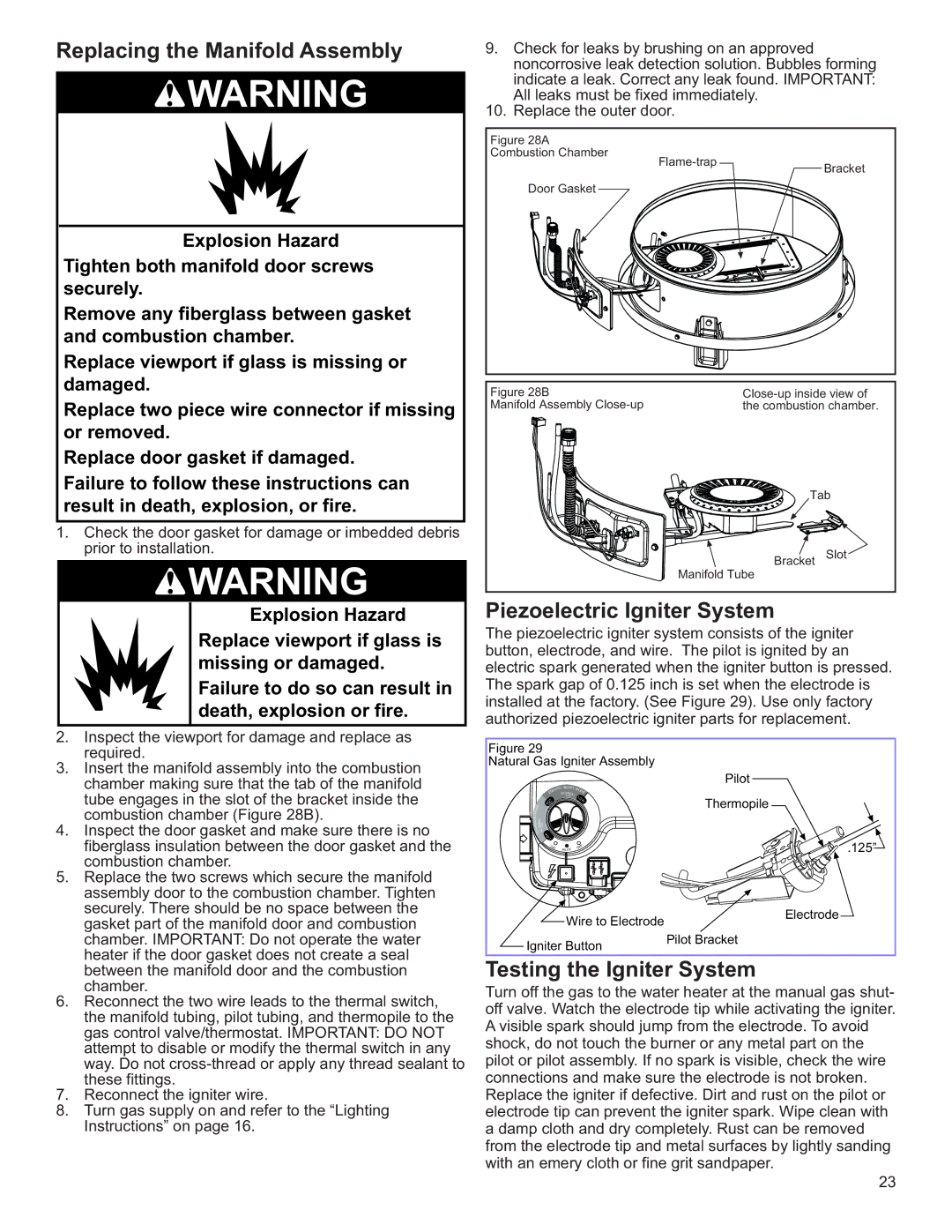 Whirlpool 89263, 6510374 Replacing the Manifold Assembly, Piezoelectric Igniter System, Testing the Igniter System 