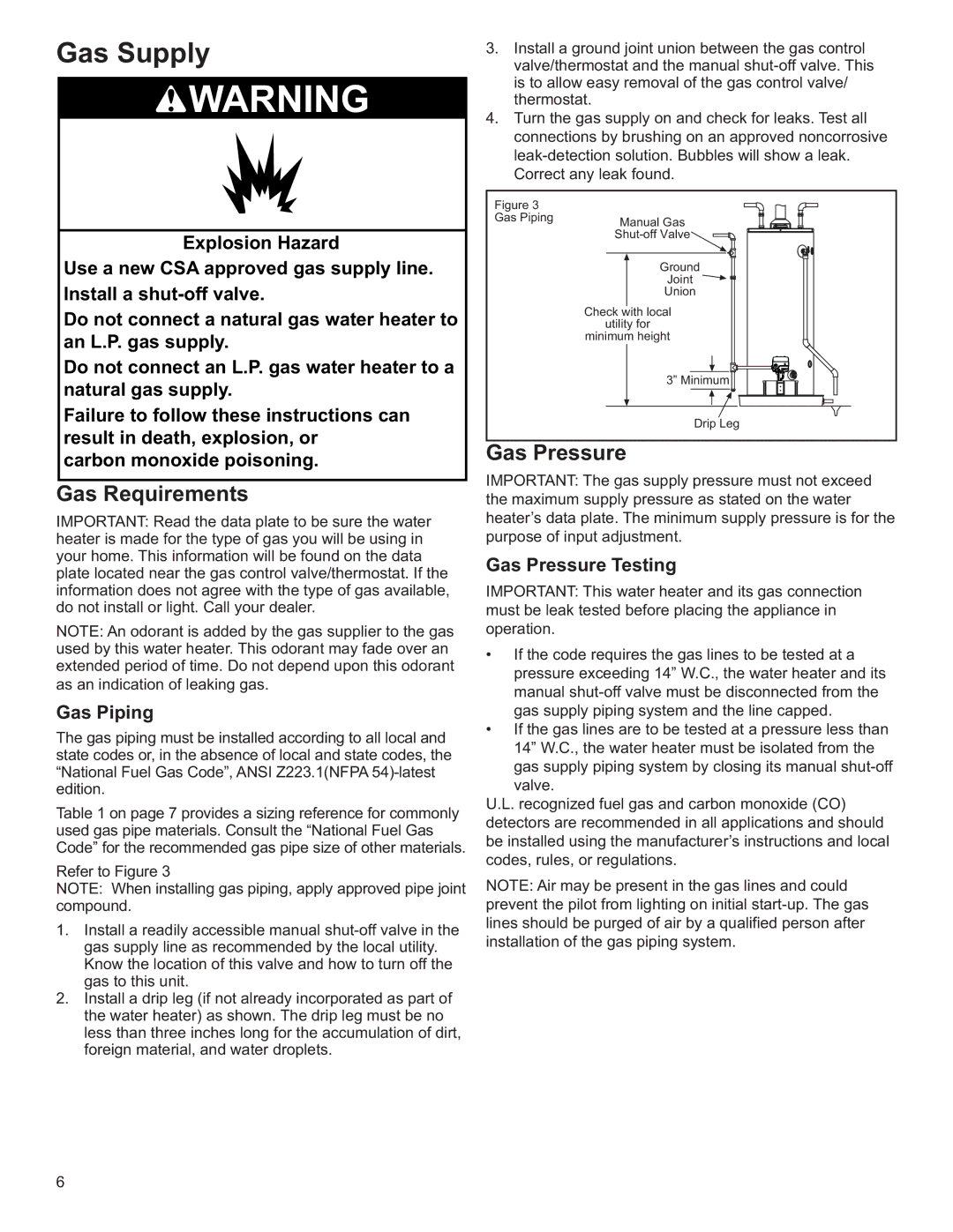 Whirlpool 6510374, BFG1J5040T3NOV 5K, W10100870, 89263 Gas Supply, Gas Requirements, Gas Piping, Gas Pressure Testing 