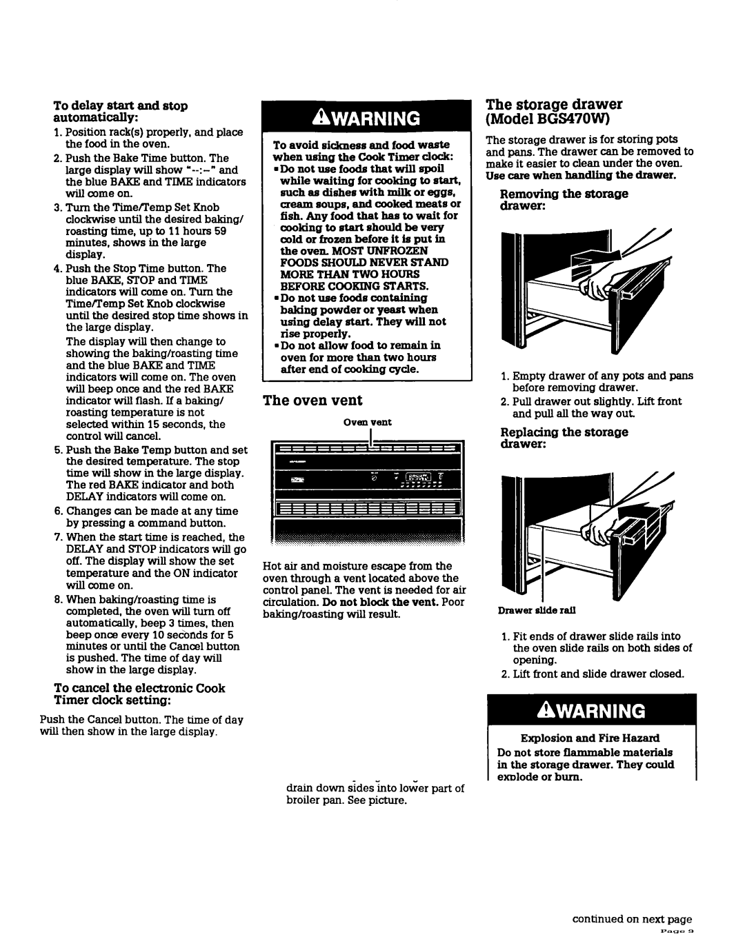 Whirlpool BGC430W BGP430W, BGS470W warranty Oven vent, Storage drawer Model BGS470VV 