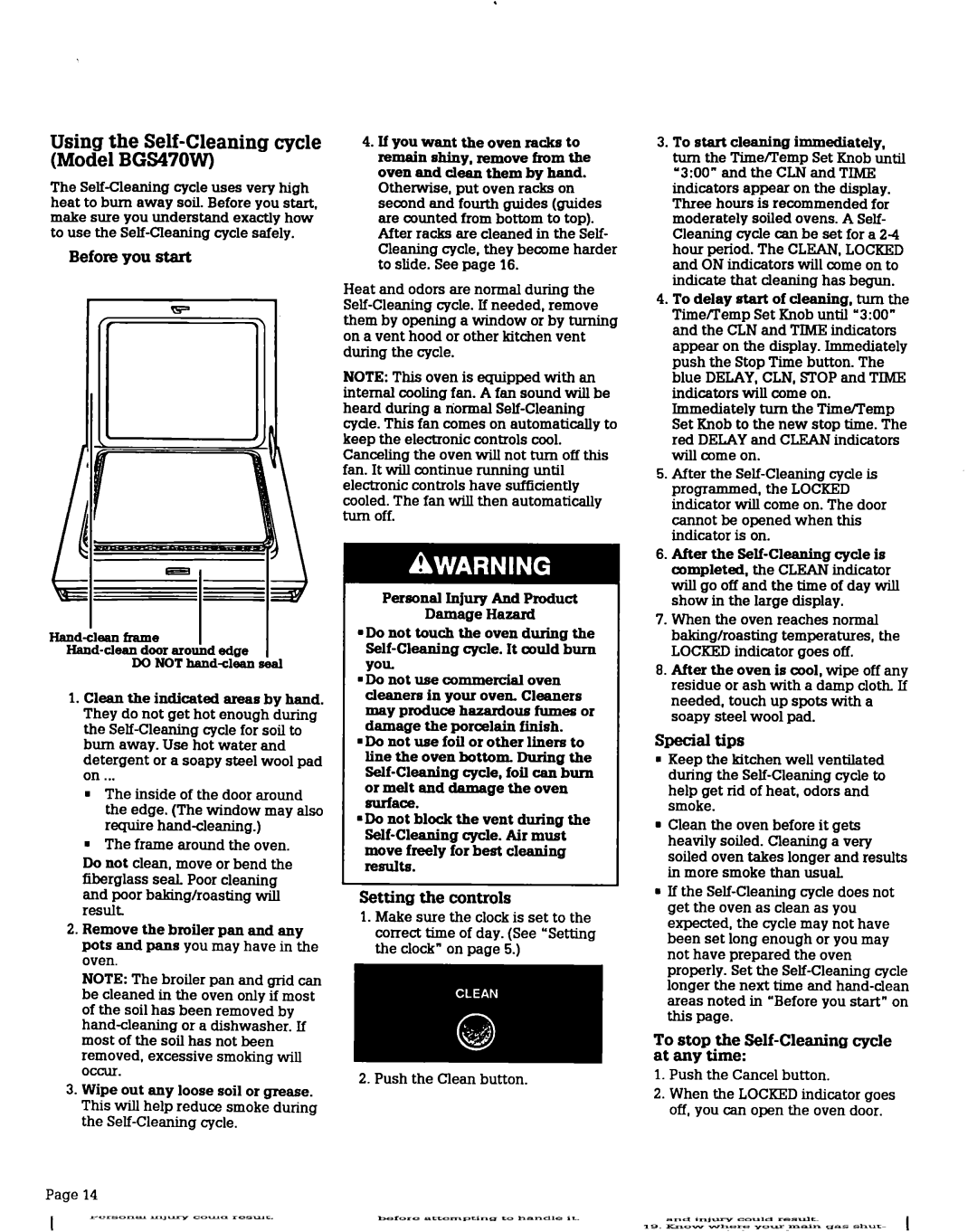 Whirlpool BGC430W BGP430W warranty Using the Self-Cleaning cycle Model BGS470W, Before you start, Setting the controls 