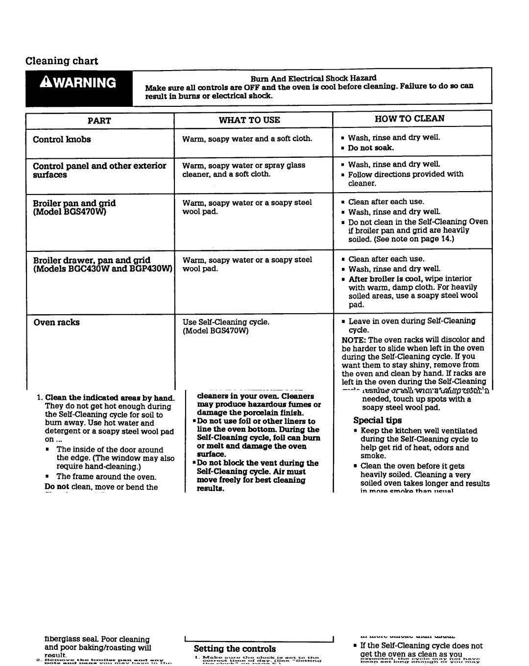 Whirlpool BGS470W, BGC430W BGP430W warranty Cleaning chart, Part What to USE, HOW to Clean 