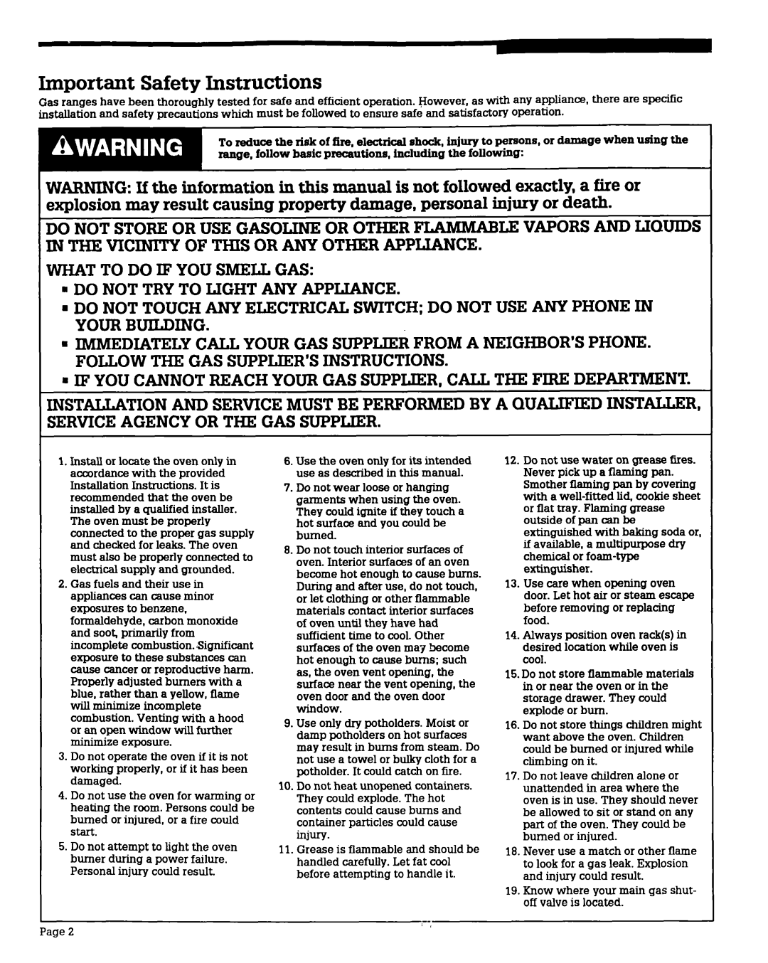 Whirlpool BGS470W, BGC430W BGP430W Important Safety Instructions, Know where your main gas shut- off valve is located 