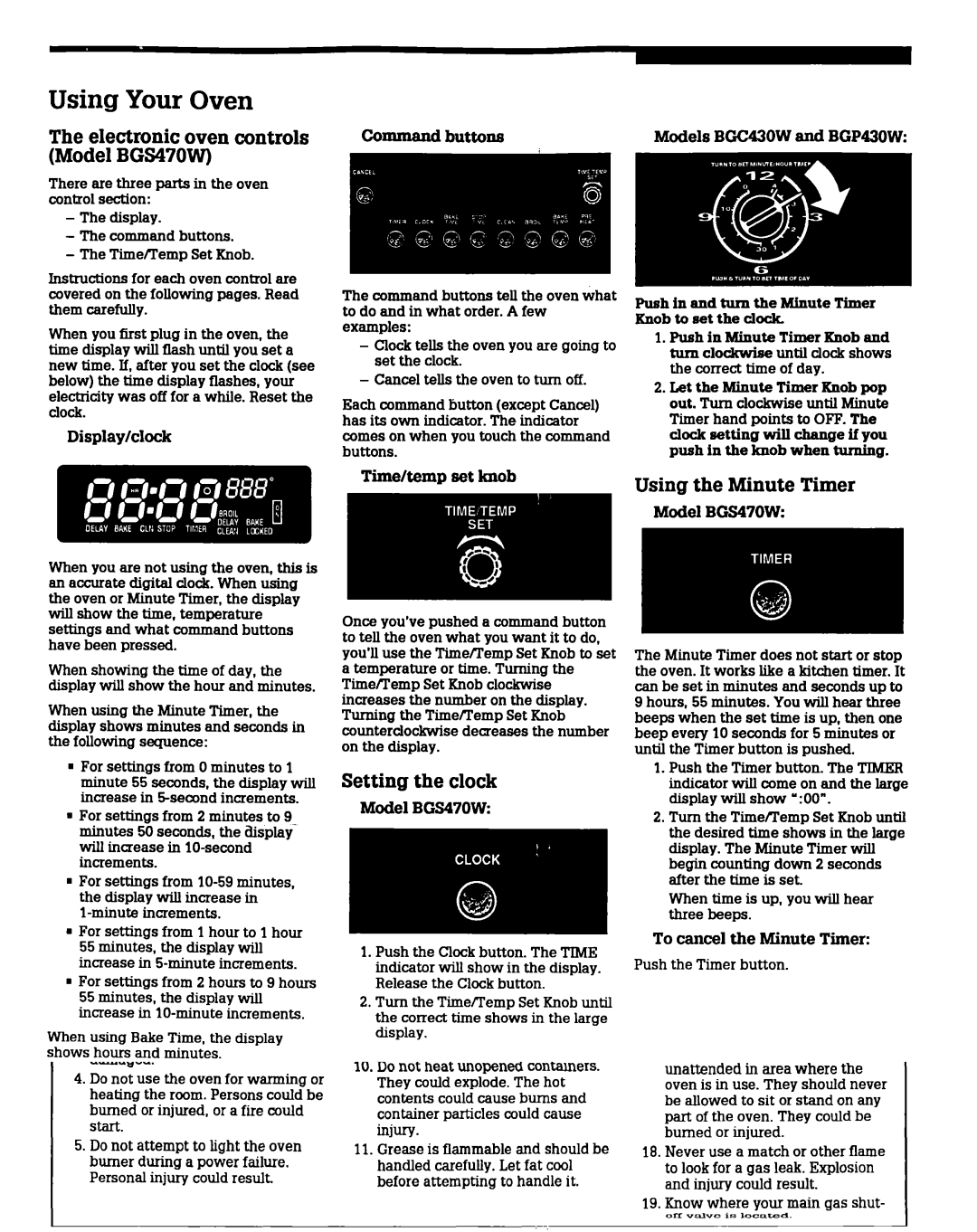 Whirlpool BGC430W BGP430W, BGS470W Using Your Oven, Let the MinuteTimerKnobpop, Using the Minute Timer, Setting the clock 