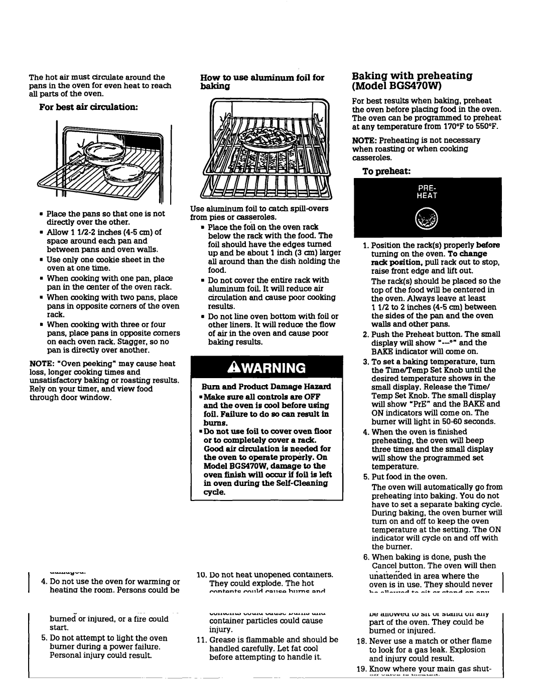 Whirlpool BGC430W BGP430W To preheat, Hot air must circulate around, Use only one cookie sheet in the oven at one time 