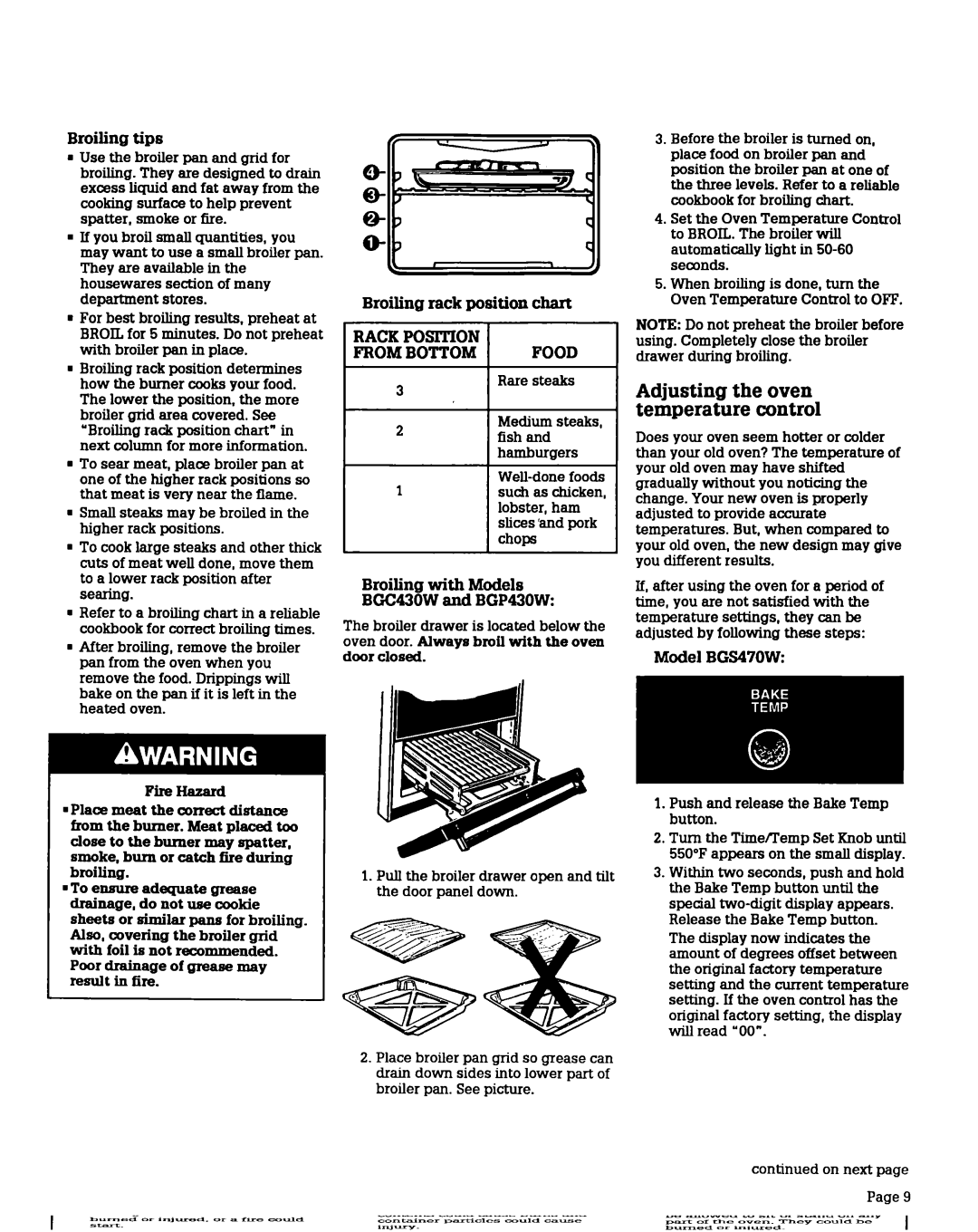 Whirlpool BGC430W BGP430W Adjusting the oven temperature control, Broiling tips, Broiling rack position chart, Food 