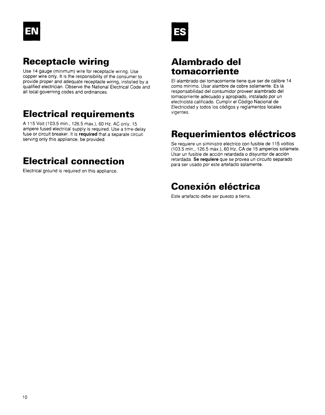 Whirlpool BHAC0600BS0 manual Receptacle wiring, Electrical requirements, Electrical connection, Alambrado del tomacorriente 