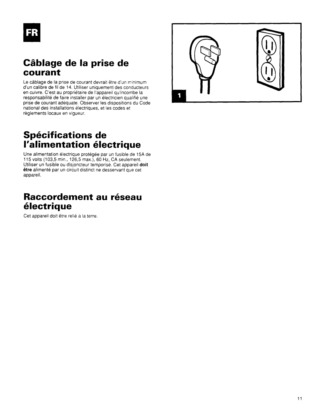 Whirlpool BHAC0600BS0 manual CBblage de la prise de courant, Spkif icat ions de ’&mentation hlectrique 