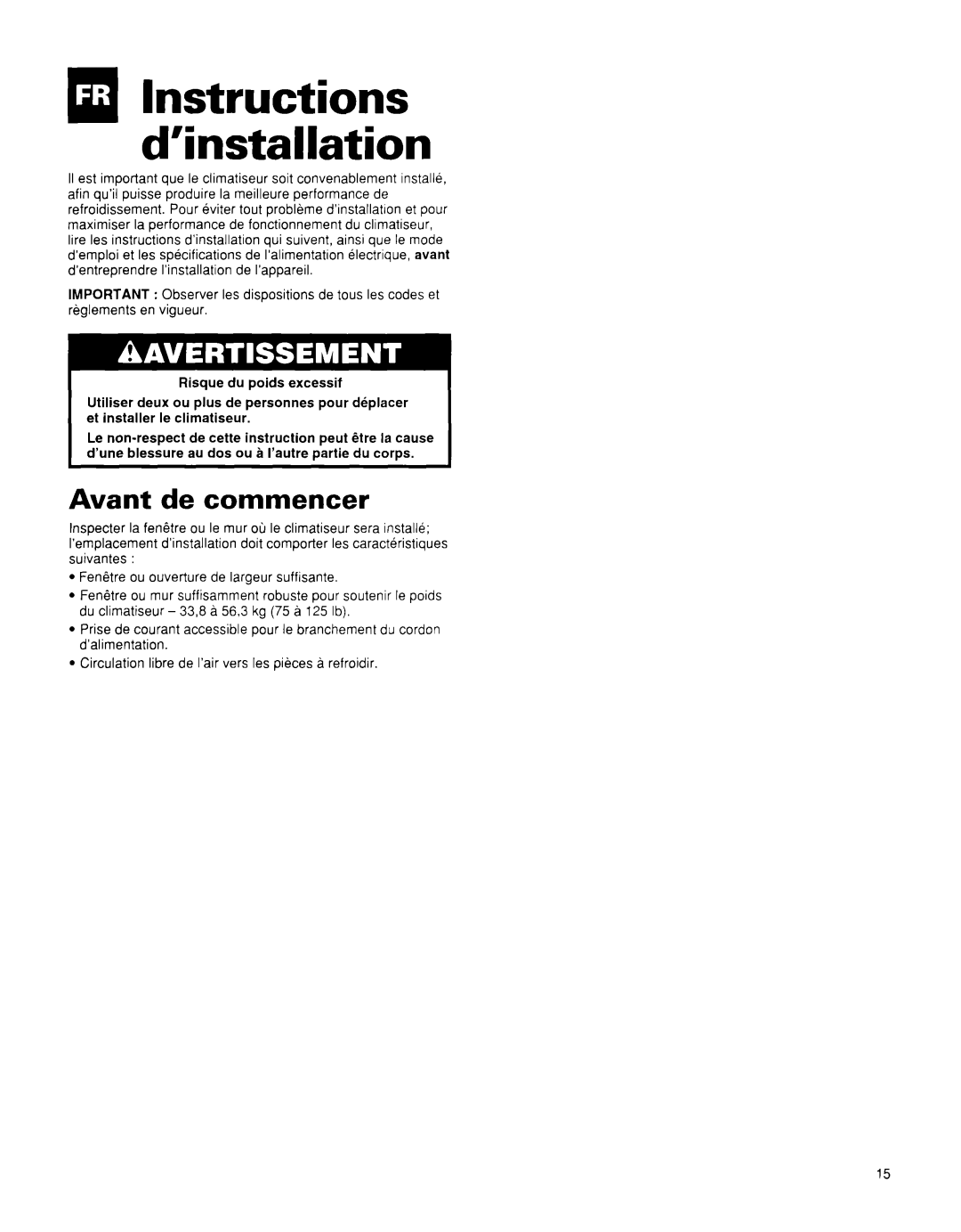 Whirlpool BHAC0600BS0 manual QlInstructions d’installation, Avant de commencer 