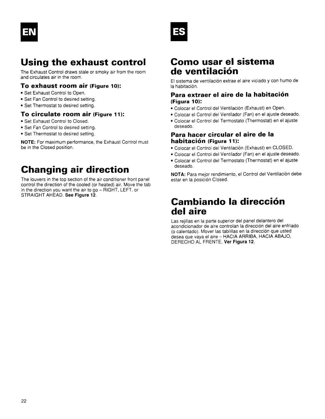 Whirlpool BHAC0600BS0 manual Using the exhaust control, Changing air direction, Corn0 usar el sistema de ventilacibn 